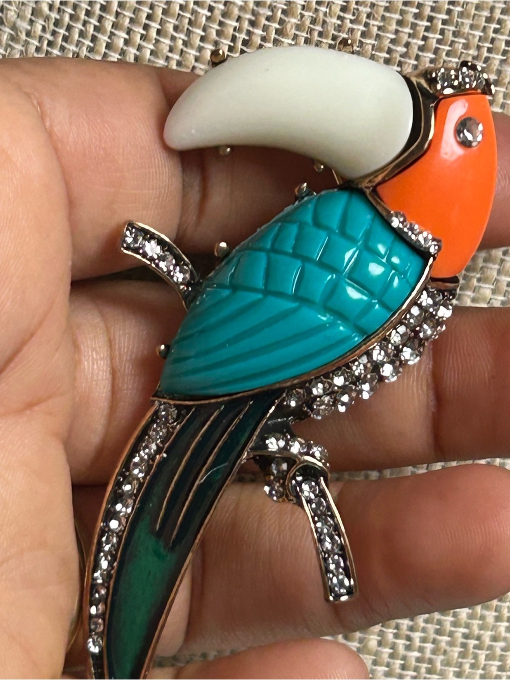 Decorative Parrot Brooch in Teal, Orange & White - Fashion Bird Pin
